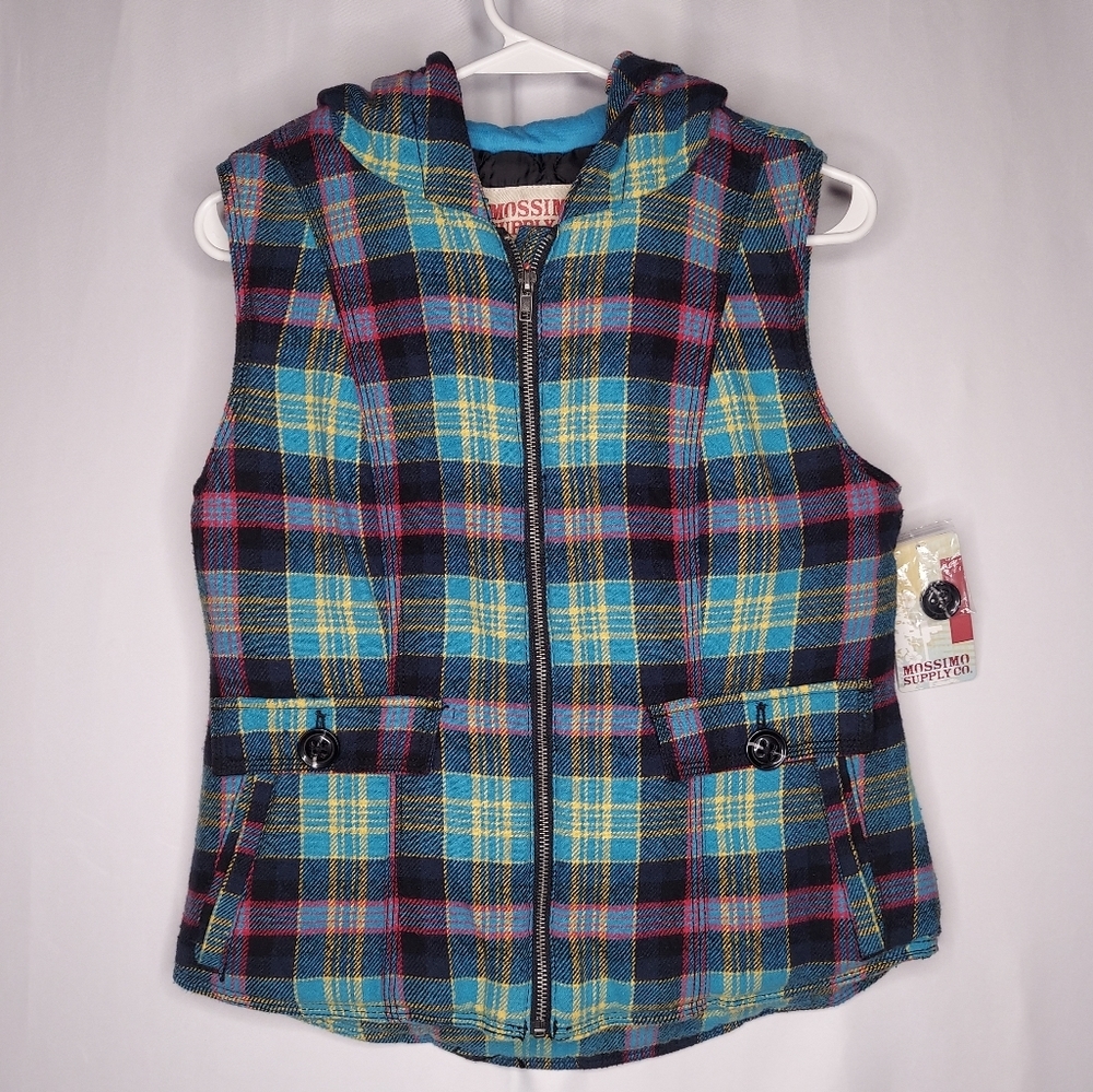 Mossimo‎ Y2K Vest Women Medium Blue Plaid Flannel Hood Zip Flap Pocket Poly-Fill